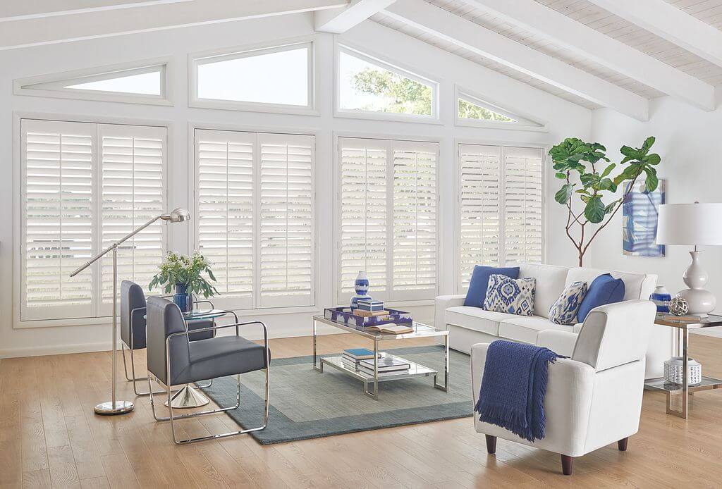Graber wood shutters in coastal style living room